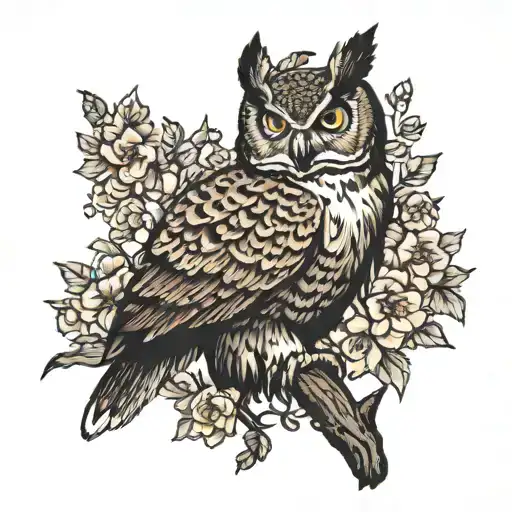 great horned owl perched tattoo design idea
