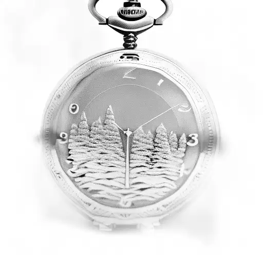 Opened pocket watch with chain, 3:59 time, arrows, trees, scenery tattoo design idea
