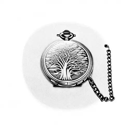 Opened pocket watch with chain, 3:59 time, arrows, trees, scenery tattoo design idea