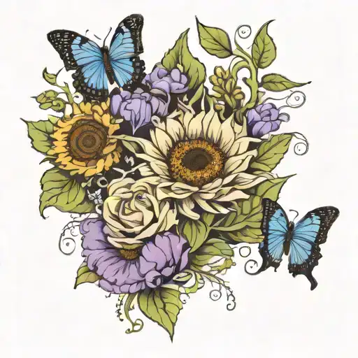 a sleeve with forget me notts sunflowers and lavander with a butterfly  tattoo design idea