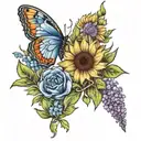 a sleeve with forget me notts sunflowers and lavander with a butterfly  tattoo design idea