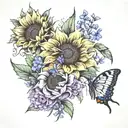 a sleeve with forget me notts sunflowers and lavander with a butterfly  tattoo design idea