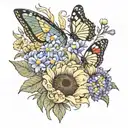 a sleeve with forget me notts sunflowers and lavander with a butterfly  tattoo design idea