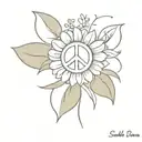 peace symbol inside daisy with some leaves representing my family, my friends, my dog and my love tattoo design idea