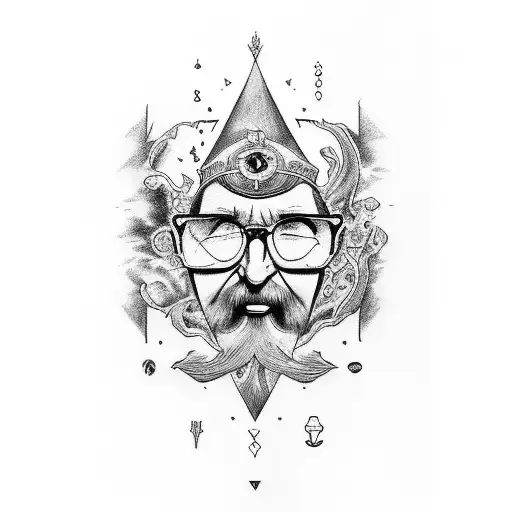 Black and White Full sleeve tattoo with the faces of both Viktor Frankl and Fydodor Dostoyevsky, with alchemist symbols, tattoo design idea