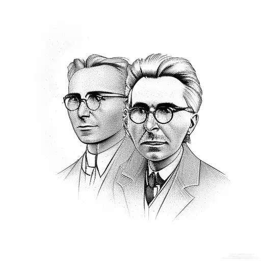  Sleeve of the faces of Viktor Frankl and Fydodor Dostoyevsky, with alchemy symbols, and daedalus flying in the sky tattoo design idea