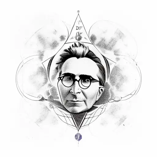  Sleeve of the faces of Viktor Frankl and Fydodor Dostoyevsky, with alchemy symbols, and daedalus flying in the sky tattoo design idea