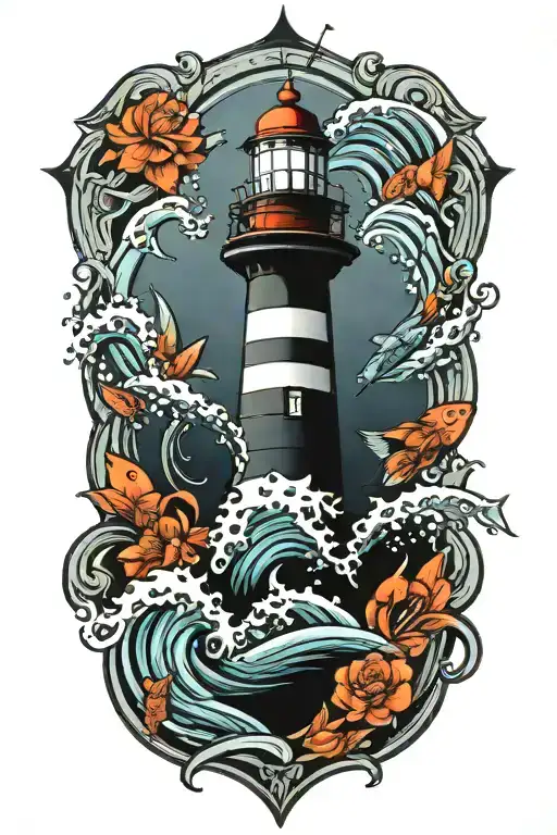 lighthouse surrounded waves flowing and fishes swimming tattoo design idea