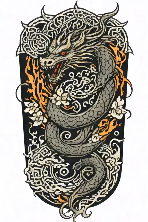 dragon around fire and waves flowing river running with sakura and lotus and celtic knots tattoo design idea