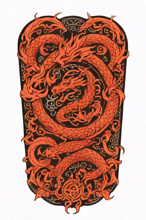 dragon around fire and waves flowing with sakura and lotus and celtic knots tattoo design idea