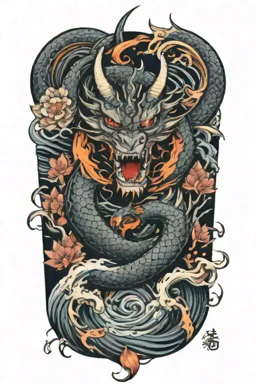 dragon around fire and waves flowing river running with sakura and lotus  tattoo design idea