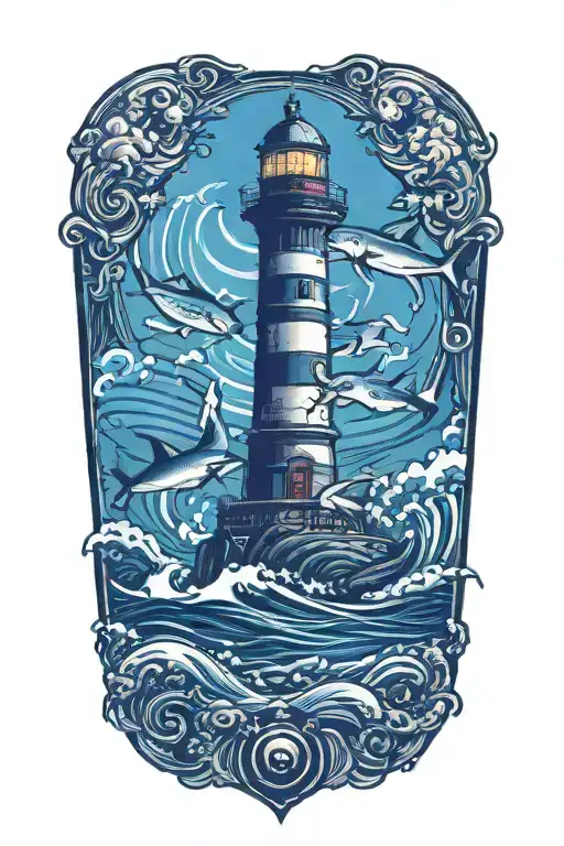 lighthouse surrounded waves flowing and sharks swordfishes around  tattoo design idea