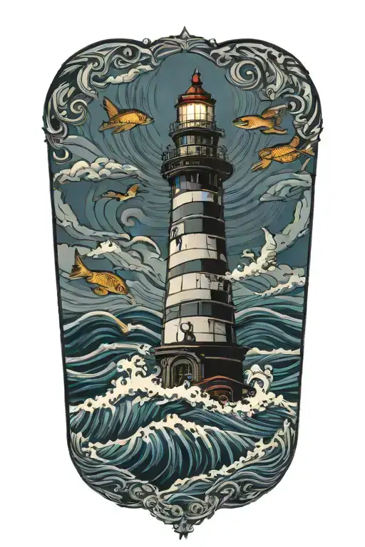 lighthouse surrounded waves flowing and fishes swimming tattoo design idea