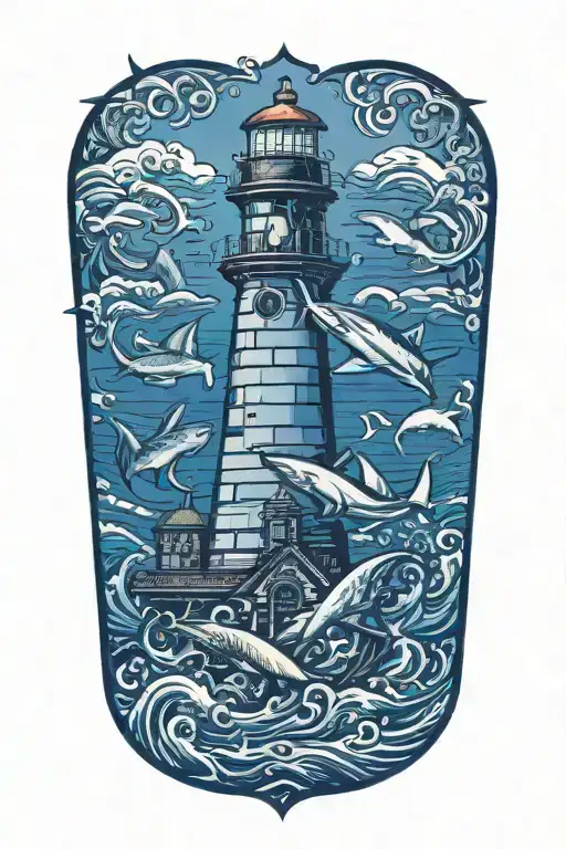 lighthouse surrounded waves flowing and sharks swordfish octopus gathering around  tattoo design idea