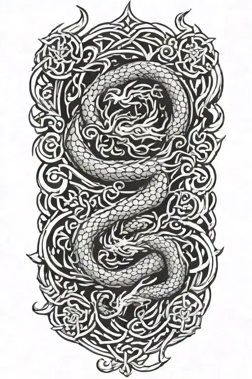 dragon around fire and waves flowing with sakura and lotus and celtic knots tattoo design idea