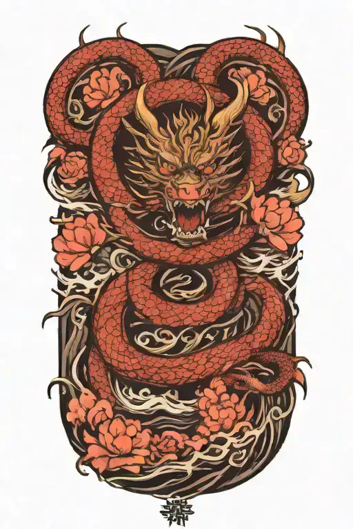 dragon around fire and waves flowing river running with sakura and lotus  tattoo design idea