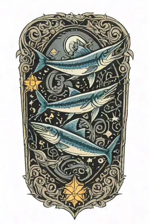 swordfish fighting with shark backgorund light shining tattoo design idea