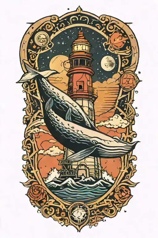 lighthouse on hunchback whale in space tattoo design idea