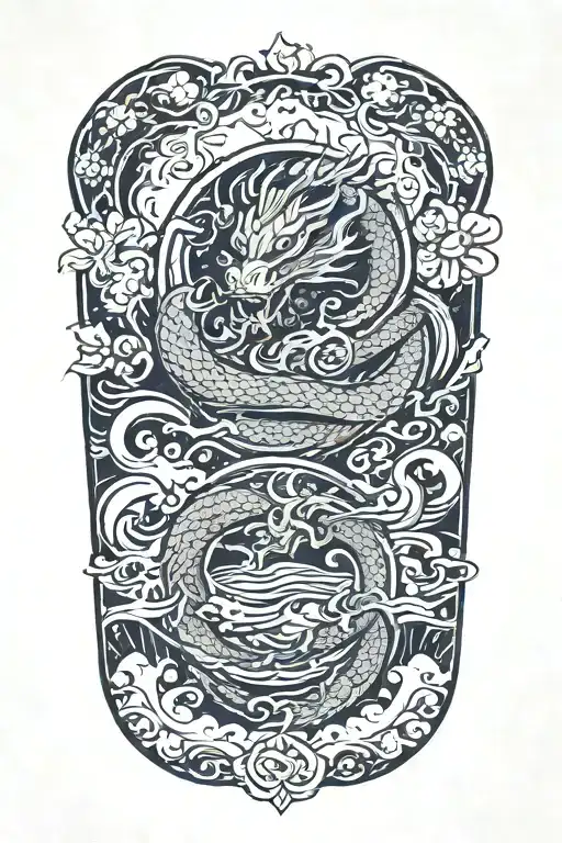 dragon around fire and waves flowing river running with sakura and lotus and lava into ocean on the background tattoo design idea