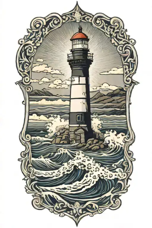 waves hitting on the shore of a lighthouse overlooking tattoo design idea
