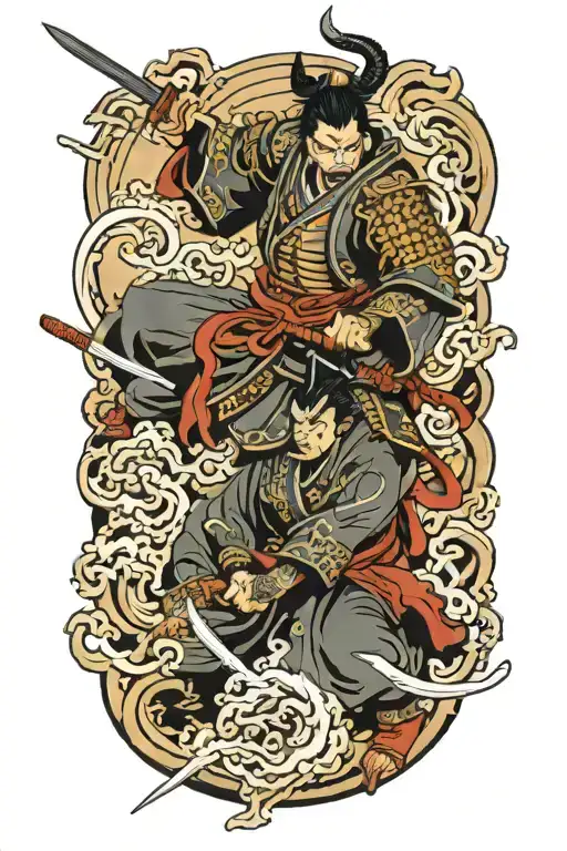 samurai warrior battling demons tattoo design idea