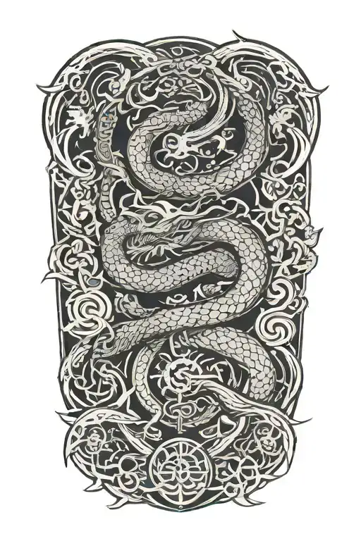 dragon around fire and waves flowing with sakura and lotus and celtic knots tattoo design idea