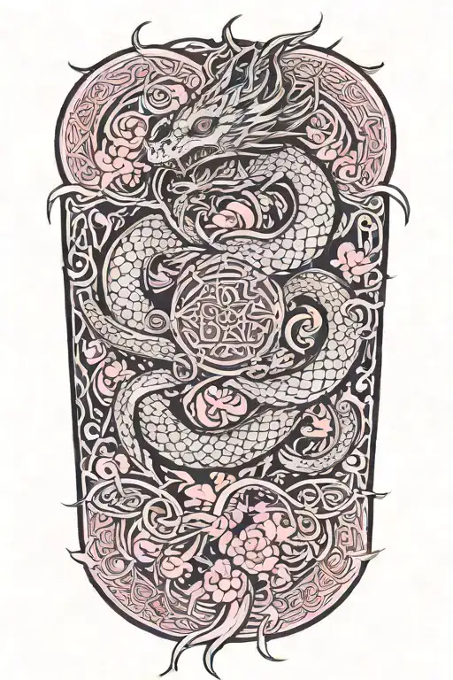 dragon around fire and waves flowing with sakura and lotus and celtic knots tattoo design idea