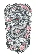 dragon around fire and waves flowing river running with sakura and lotus  tattoo design idea