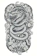 dragon around fire and waves flowing river running with sakura and lotus  tattoo design idea