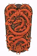 dragon around fire and waves flowing with sakura and lotus and celtic knots tattoo design idea