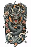 dragon around fire and waves flowing river running with sakura and lotus  tattoo design idea