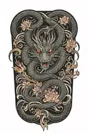 dragon around fire and waves flowing river running with sakura and lotus  tattoo design idea