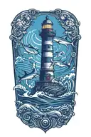 lighthouse surrounded waves flowing and sharks swordfishes around  tattoo design idea