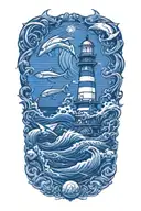 lighthouse surrounded waves flowing and sharks swordfishes around  tattoo design idea