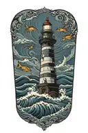 lighthouse surrounded waves flowing and fishes swimming tattoo design idea