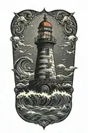 lighthouse surrounded waves flowing and fishes swimming tattoo design idea