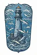 lighthouse surrounded waves flowing and sharks swordfish octopus gathering around  tattoo design idea