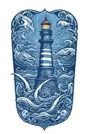 lighthouse surrounded waves flowing and sharks swordfish octopus gathering around  tattoo design idea