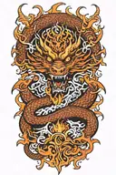 dragon around fire and waves flowing tattoo design idea