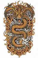 dragon around fire and waves flowing tattoo design idea