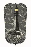 lighthouse surrounded waves flowing and sharks swordfishes around  tattoo design idea