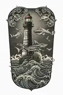 lighthouse surrounded waves flowing and sharks swordfishes around  tattoo design idea