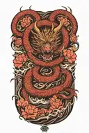 dragon around fire and waves flowing river running with sakura and lotus  tattoo design idea