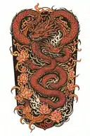 dragon around fire and waves flowing river running with sakura and lotus  tattoo design idea
