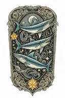 swordfish fighting with shark backgorund light shining tattoo design idea