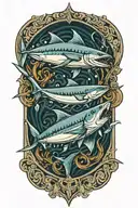 swordfish fighting with shark backgorund light shining tattoo design idea