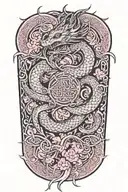 dragon around fire and waves flowing with sakura and lotus and celtic knots tattoo design idea