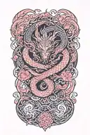 dragon around fire and waves flowing with sakura and lotus and celtic knots tattoo design idea