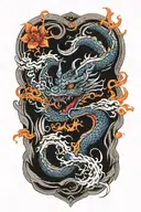 dragon around fire and waves flowing river running with sakura and lotus and lava into ocean on the background tattoo design idea
