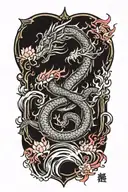 dragon around fire and waves flowing river running with sakura and lotus and lava into ocean on the background tattoo design idea